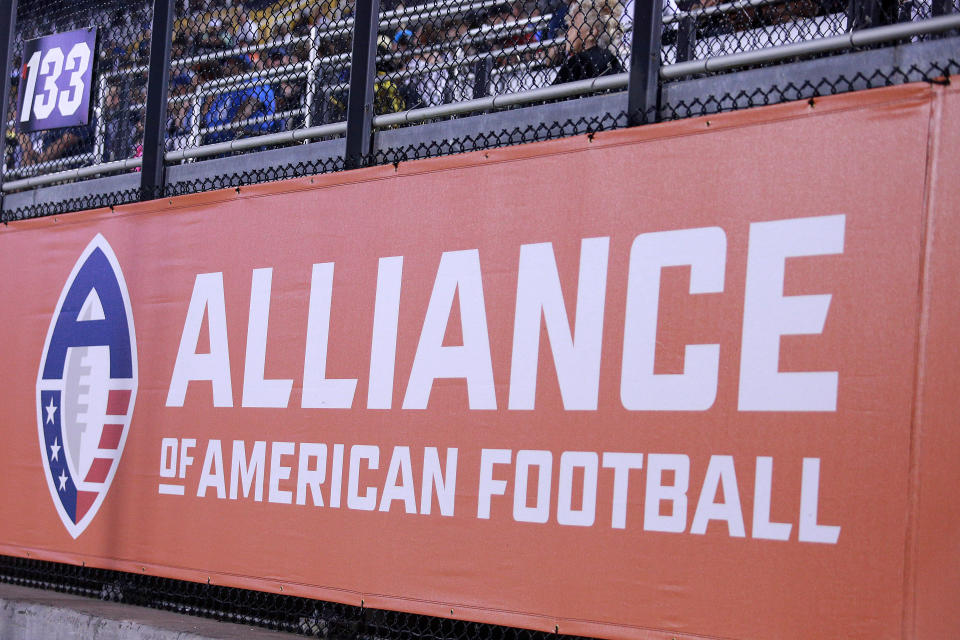 ORLANDO, FLORIDA - FEBRUARY 23: A general view of signage reading 'Alliance of American Football' is seen as the Orlando Apollos take on the Memphis Express during an Alliance of American Football game on February 23, 2019 in Orlando, Florida.  The Orlando Apollos won 21-17. (Photo by Harry Aaron/AAF/Getty Images)