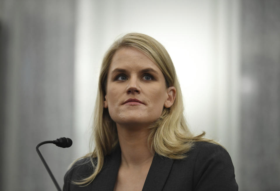 Former Facebook data scientist Frances Haugen speaks during a hearing of the Senate Commerce, Science, and Transportation Subcommittee on Consumer Protection, Product Safety, and Data Security, on Capitol Hill, Tuesday, Oct. 5, 2021, in Washington.  (Matt McClain/The Washington Post via AP, Pool)