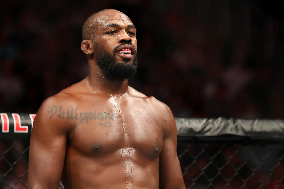 LAS VEGAS, NEVADA - JULY 06:  Jon Jones of the United States looks on prior to his UFC Light Heavyweight Title bout against Thiago Santos of Brazil at T-Mobile Arena on July 06, 2019 in Las Vegas, Nevada.  Jones defeated Santos by decision. (Photo by Sean M. Haffey/Getty Images)