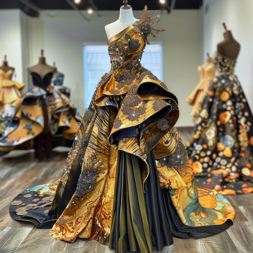 Extravagant gown with layered skirt and beaded bodice on a mannequin, showcased among other dresses