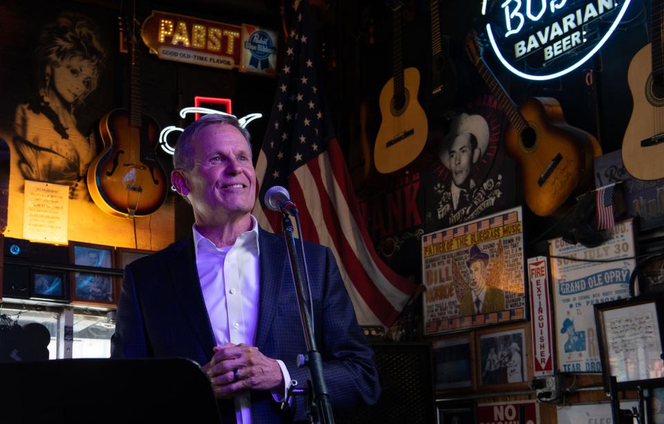 Gov. Bill Lee talks about the importance of the ELVIS Act to prevent unauthorized uses of artists’ voices and likenesses from AI technology at Robert's Western World in Nashville, Tenn., Thursday, March 21, 2024.