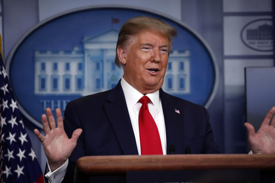 President Donald Trump speaks about the coronavirus in the James Brady Press Briefing Room at the White House, Monday, April 13, 2020, in Washington. (AP Photo/Alex Brandon)