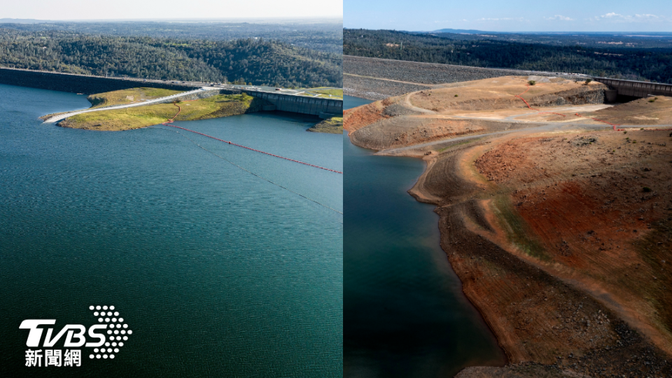 奧羅維爾湖3月中旬時，睽違四年首次開閘洩洪。今年3月底水位（左圖），對比2021年乾旱時期（右圖），落差明顯。（圖／達志影像美聯社）