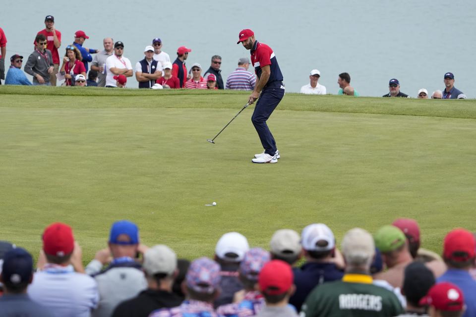 Team USA's Dustin Johnson misses a putt on the second hole during a Ryder Cup singles match at the Whistling Straits Golf Course Sunday, Sept. 26, 2021, in Sheboygan, Wis. (AP Photo/Jeff Roberson)