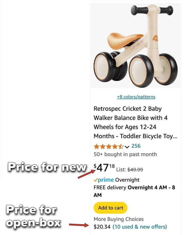 Image showing an Amazon product listing for the Retrospec Cricket 2 Baby Walker Balance Bike with 4 Wheels for Ages 12-24 Months. New price is $47.18. Open-box price is $20.34