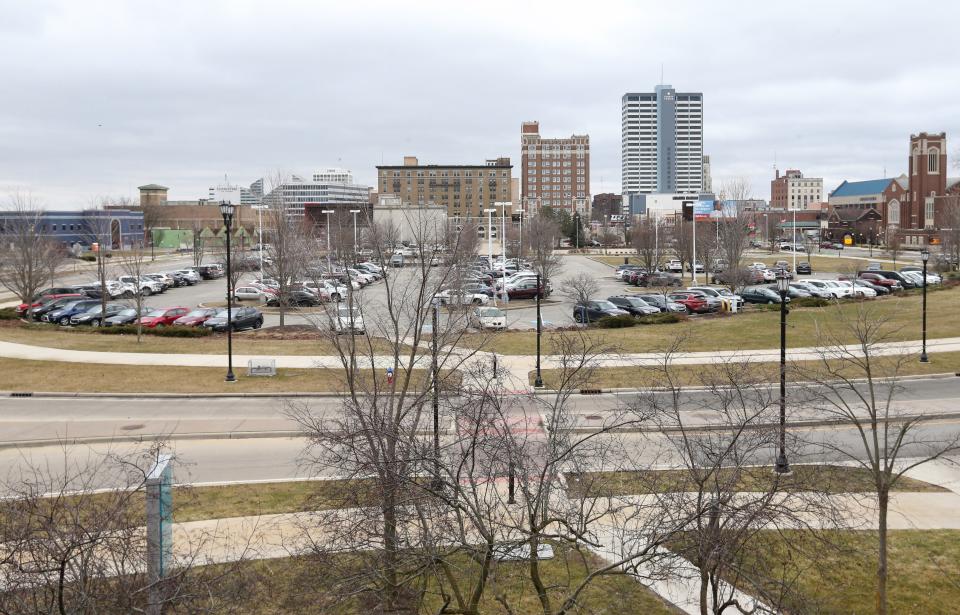 The view of the parking lots south of Memorial Hospital Thursday, Feb. 15, 2024. The area is slated to be developed into one of the largest mixed-use projects in South Bend’s history.