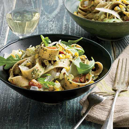 April 14: Whole-Wheat Pappardelle with Arugula Pesto and Corn