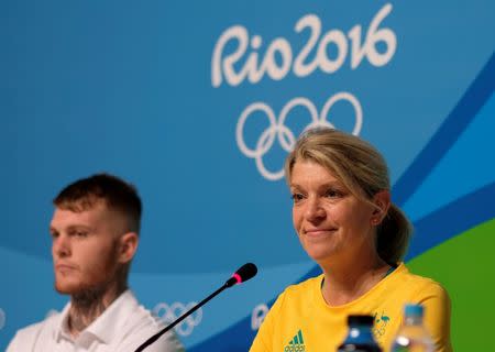 Kitty Chiller (R), Chef de Mission for Australia at the Rio 2016 Olympic Games, leads a news conference with boxer Daniel Lewis in which she described the problems that her country's delegation encountered with the athletes' housing in Rio de Janeiro, July 25, 2016. REUTERS/Rickey Rogers