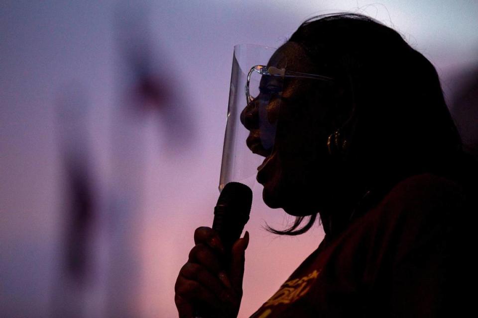 Trenise Bryant, 52, Chair of the Board of Miami Workers Center speaks during a demonstration hosted by the Florida Housing Justice Alliance to protest against the premature end of the eviction moratorium in downtown Miami, Florida, on Tuesday, June 30, 2020.