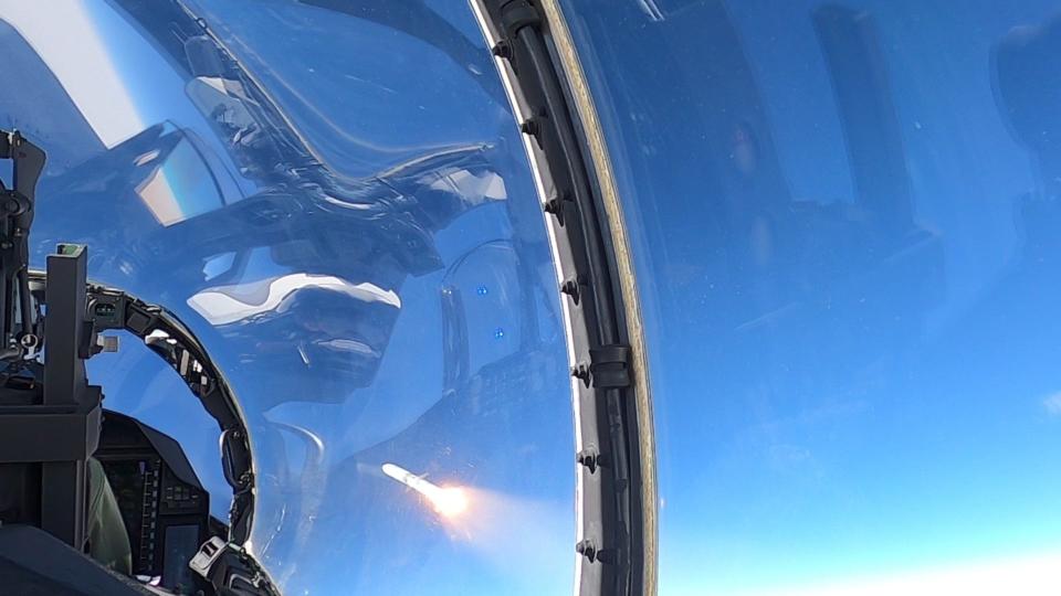 The F-15EX Eagle II fires an AIM-120D missile during a Weapons System Evaluation Program mission near Tyndall Air Force Base, Fla, Jan. 25, 2022. This was the first live fire performed from the Air Force’s newest aircraft.