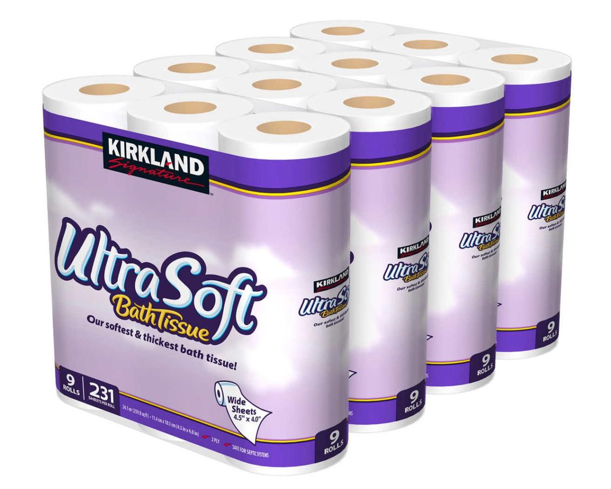 Image of four packs of Kirkland Signature Ultra Soft Bath Tissue.