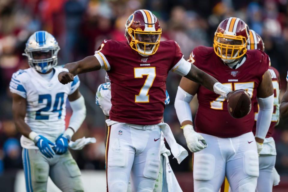 LANDOVER, MD - NOVEMBER 24: Dwayne Haskins #7 of the Washington Redskins celebrates after running for a first down against the Detroit Lions during the second half at FedExField on November 24, 2019 in Landover, Maryland. (Photo by Scott Taetsch/Getty Images)