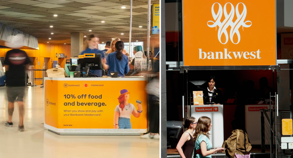 Bankwest branch next to a picture of customers outside another branch