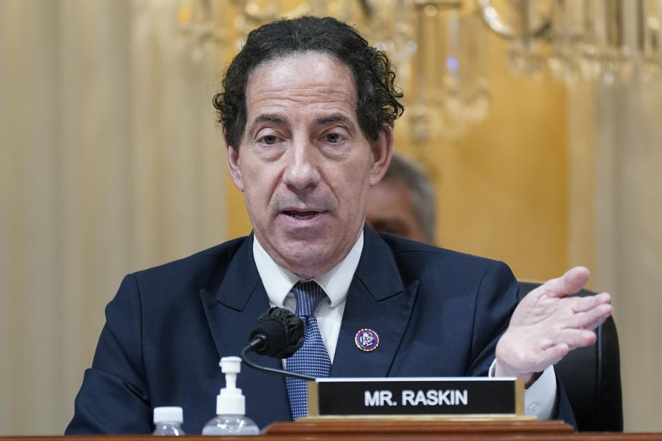 FILE - Rep. Jamie Raskin, D-Md., speaks as the House select committee investigating the Jan. 6 attack on the U.S. Capitol holds a hearing at the Capitol in Washington, July 12, 2022. The Jan. 6 congressional hearings have paused, at least for now, and Washington is taking stock of what was learned about the actions of Donald Trump and associates surrounding the Capitol attack. (AP Photo/J. Scott Applewhite, File)