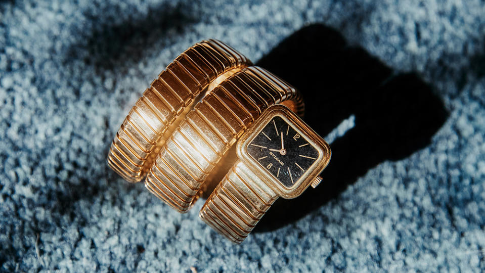 Brigette Romanek's vintage gold Bulgari Serpenti Tubogas watch