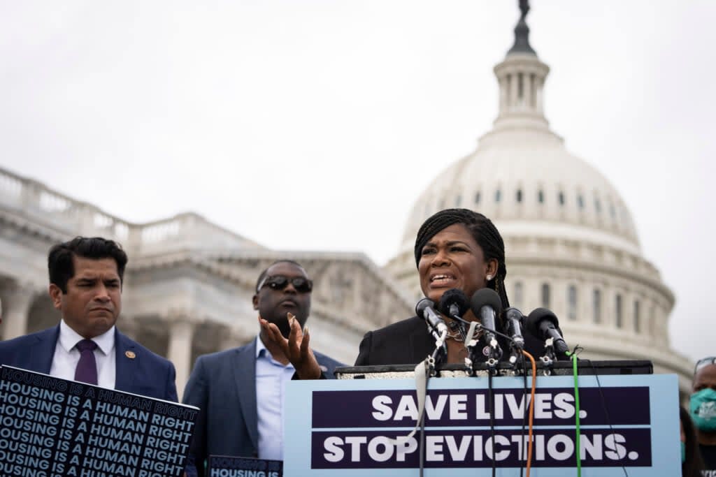 Rep. Cori Bush (R-MO) speaks during a news conference to introduce legislation that would give the Department of Health and Human Services the power to impose a federal eviction moratorium in the interest of public health, on Capitol Hill September 21, 2021 in Washington, DC. (Photo by Drew Angerer/Getty Images)