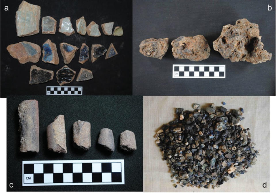 Photos showing (a) crucible fragments; (b) vitrified clay; (c) ceramic cylinders; and (d) glass bead production debris. The blue likely came from cobalt. <cite>Babalola, A.B.</cite>