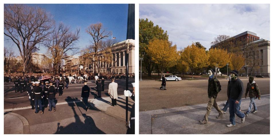 A combination picture shows U.S. President John F. Kennedy's flag-draped casket departing the White House on November 24, 1963 and the same site in November 2013