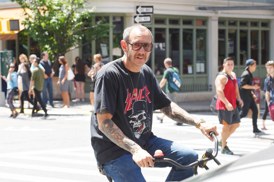 Terry Richardson seen out in Soho with his bike in New York City, on July 24, 2015.