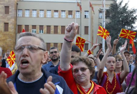 Protesters demonstrate in front of the parliament in Skopje, Macedonia, May 2, 2017. REUTERS/Ognen Teofilovski