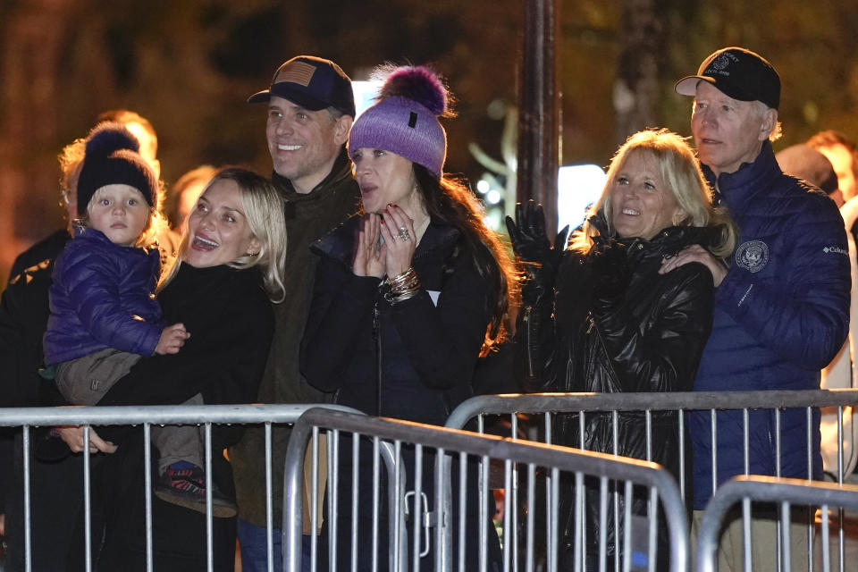 President Joe Biden stands with first lady Jill Biden and family members from left, grandson Beau Biden, daughter-in-law Melissa Cohen, son Hunter Biden and daughter Ashley Biden during the annual Christmas Tree Lighting ceremony in Nantucket, Mass., Friday, Nov. 25, 2022. (AP Photo/Susan Walsh)