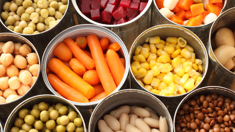 Open cans of vegetables