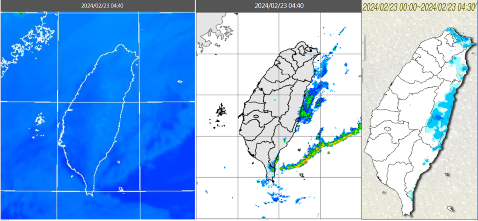 今晨4：40紅外線色調強化雲圖顯示，迎風面有較多低雲（左圖）。4：40降水回波合成圖顯示，東半部海面有弱降水回波（中圖）。4：30累積雨量圖顯示，北海岸、東半部零星雨（右圖）。（翻攝自「三立準氣象.老大洩天機」）