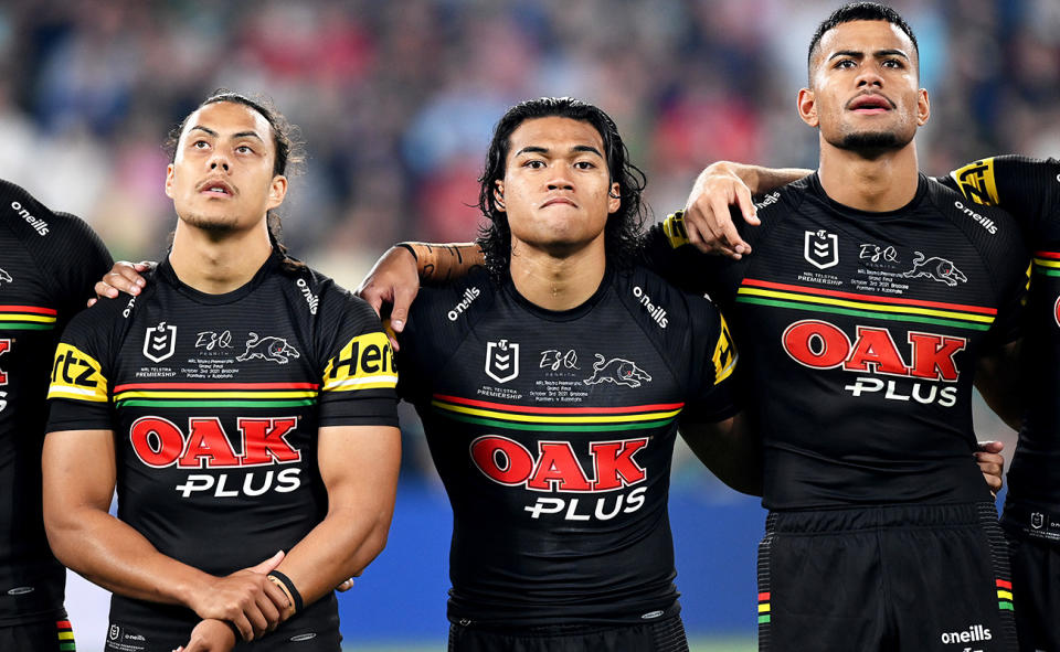Jarome Luai, Brian To'o and Stephen Crichton, pictured here at the Panthers.