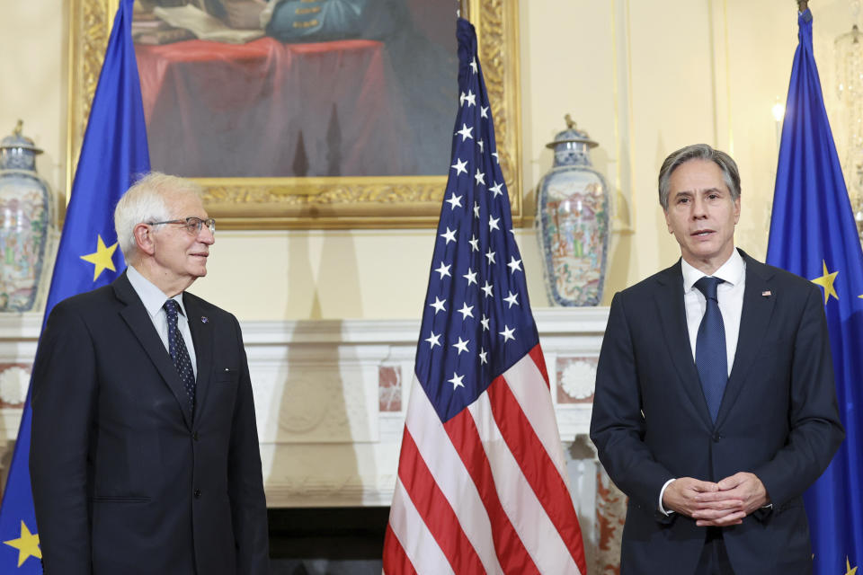 Secretary of State Antony Blinken speaks to members of the media as he meets with European Union High Representative Josep Borrell at the State Department in Washington, Thursday, Oct. 14, 2021. (Jonathan Ernst/Pool via AP)