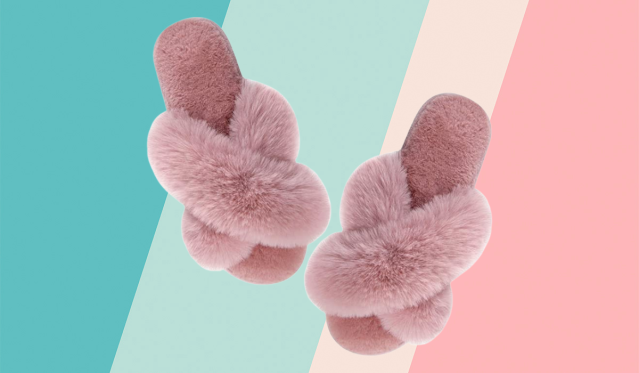 A photo of the light pink slippers on a teal and pink background.