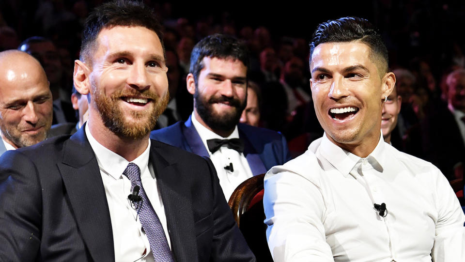 Barcelona's Lionel Messi (pictured left) and Juventus' Cristiano Ronaldo (pictured right) sharing a laugh.