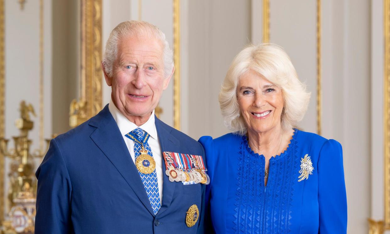 <span>King Charles and Queen Camilla pose for a new photo released in a set of official portraits as their royal tour to Australia is announced.</span><span>Photograph: Millie Pilkington for Buckingham Palace</span>