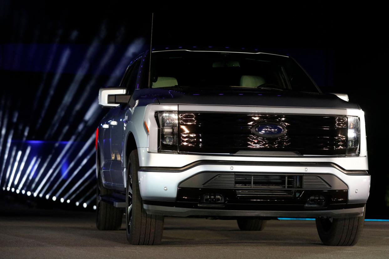 Ford Motor Co. unveils its new electric vehicle in Dearborn, Mich., on May 19, 2021.