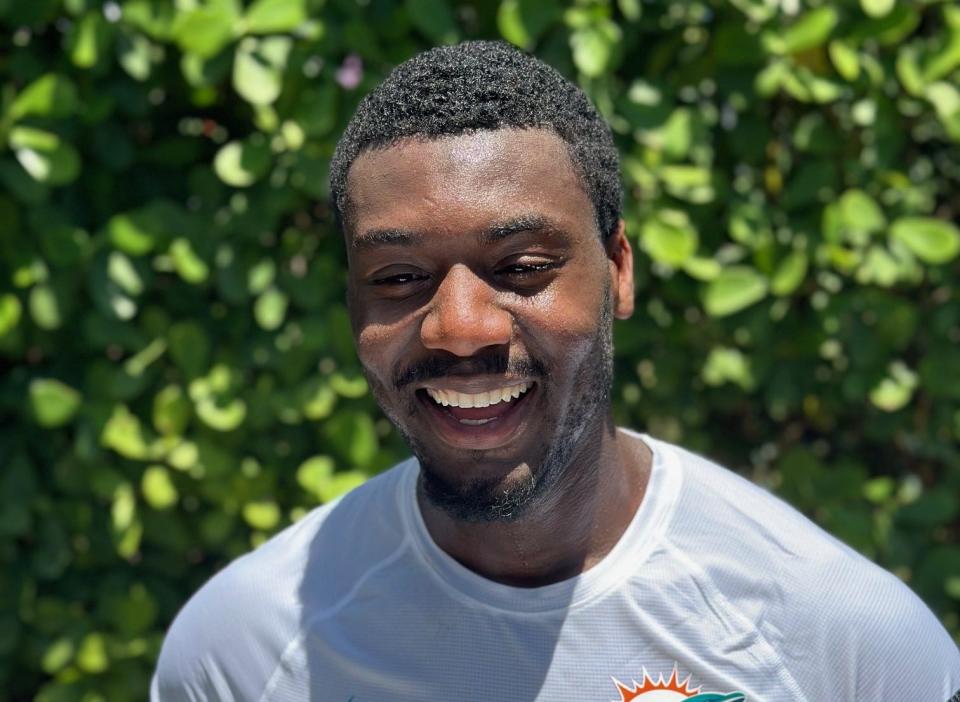 Je'Quan Burton, a rookie wide receiver, speaks at Miami Dolphins rookie camp in Miami Gardens.