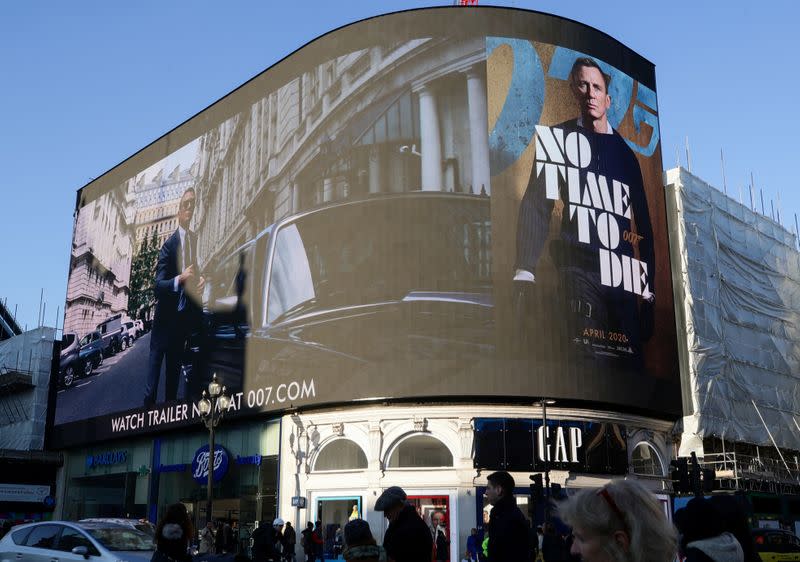 Trailer for a James Bond film "No Time to Die" is displayed in London