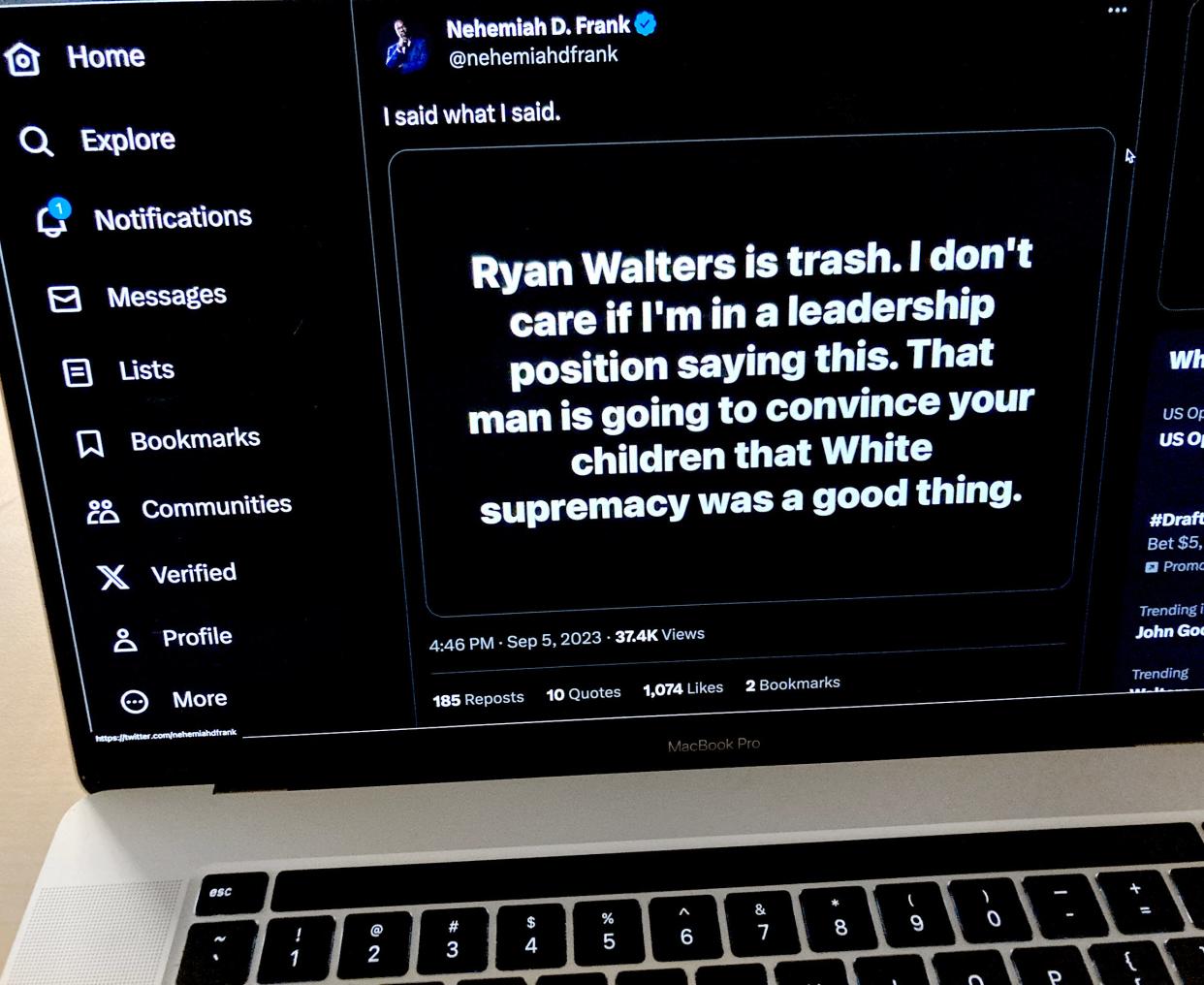 This is a social media post by Black Wall Street Times' founder and editor-in-chief, Nehemiah D. Frank, directed at Oklahoma state schools Superintendent Ryan Walters.
