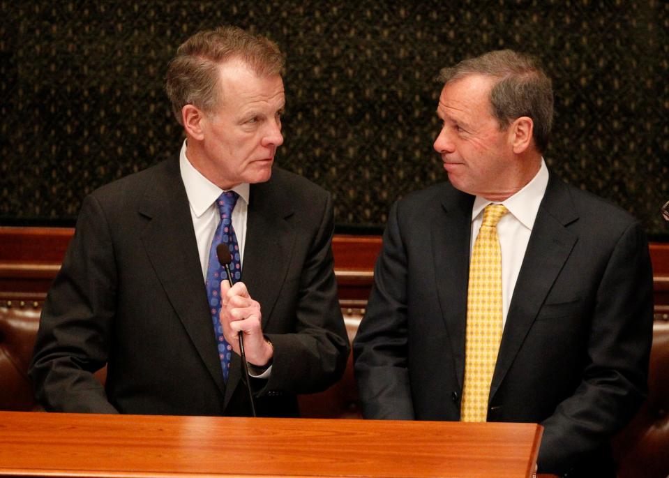 House Speaker Michael Madigan, left, and Illinois Senate President John Cullerton, right, talk prior to Illinois Gov. Pat Quinn's budget address to the Illinois General Assembly at the Illinois State Capitol, Wednesday, March 26, 2014, in Springfield, Ill. [Justin L. Fowler/The State Journal-Register]