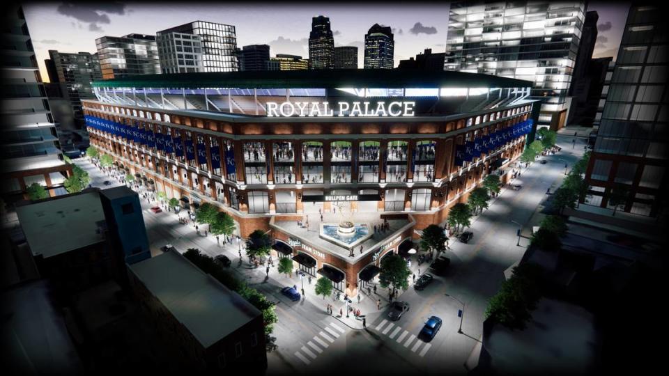 A downtown stadium concept for the Kansas City Royals designed by Mammoth Sports Construction has the stadium at the site of the former Kansas City Star press pavilion on McGee Street. In this concept, a portion of the stadium would span I-670. This view is looking northwest.