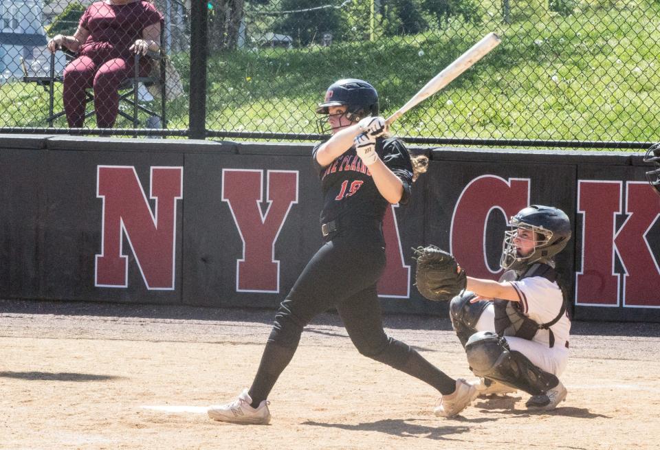 White Plains' Gianna McMahon makes contact during the Nyack Red and Black Tournament finals on Sunday, May 7, 2023.