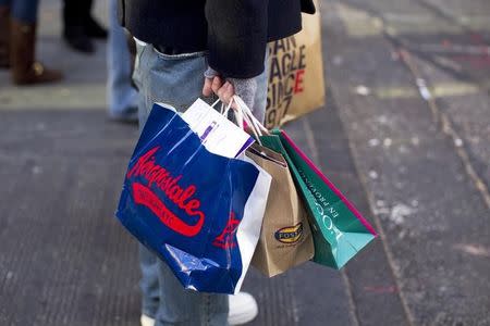 A man holds shopping bags as he stands on 5th Avenue in New York December 22, 2010. REUTERS/Lucas Jackson