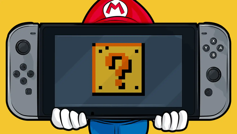 Mario holds up a mystery Switch. 