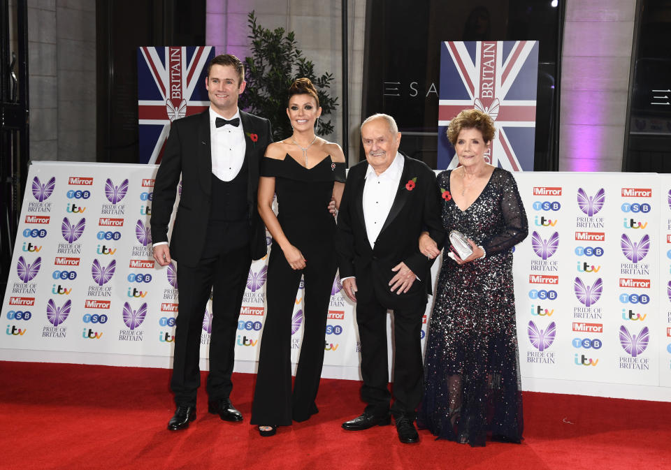 LONDON, ENGLAND - OCTOBER 30:  (L-R) Scott Ratcliff, Kym Marsh, David Marsh and Pauline Marsh attend the Pride Of Britain Awards 2021 at The Grosvenor House Hotel on October 30, 2021 in London, England. (Photo by Gareth Cattermole/Getty Images)