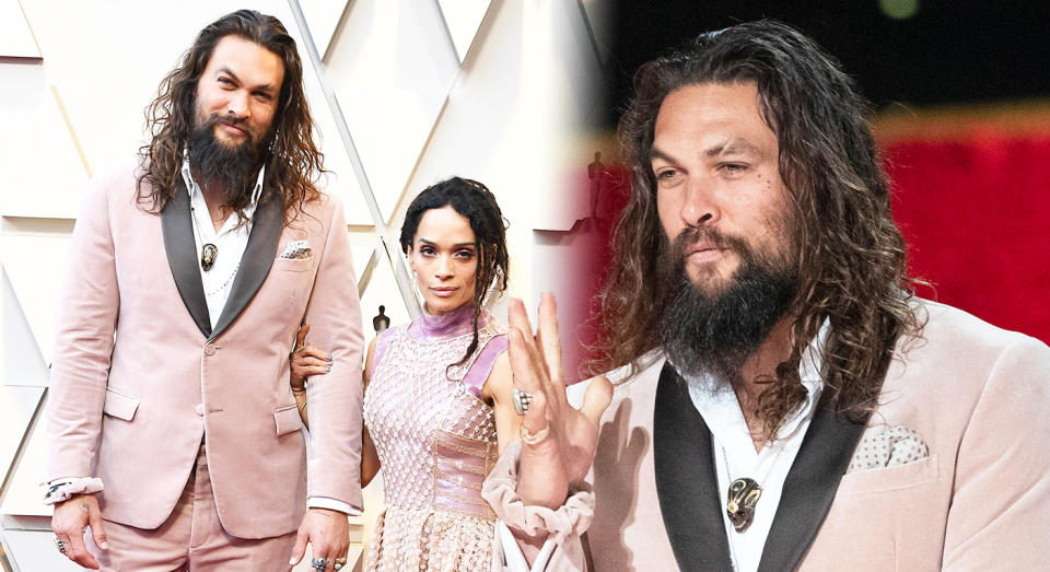 Jason Momoa rocked the Fendi pink scrunchie at the Oscars. [Photo: Getty]