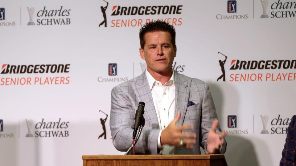 Matt Kaulig, executive chairman of Kaulig Companies, speaks during a press conference at Firestone Country Club on June 15, 2022. Kaulig Companies will become the title sponsor of the PGA Tour Champions' Senior Players Championship starting in 2023.