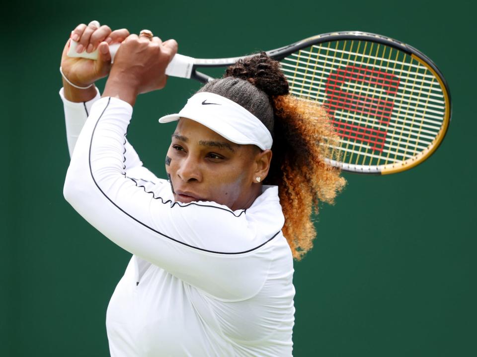 Serena Williams of The United States plays a backhand during their training session ahead of The Championships Wimbledon 2022 at All England Lawn Tennis and Croquet Club