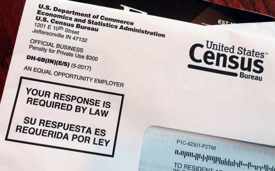 FILE - This March 23, 2018, file photo shows an envelope containing a 2018 census letter mailed to a U.S. resident as part of the nation's only test run of the 2020 Census. Legal wrangling has surrounded the U.S. census count for decades, culminating in this year’s fight over adding a citizenship question. (AP Photo/Michelle R. Smith, File)