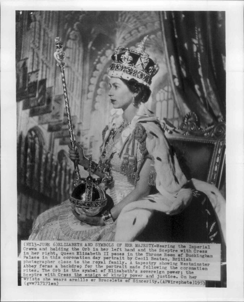 This photograph of the newly crowned monarch, Queen Elizabeth II, was sent by special radiophoto circuit from London directly to AP's domestic Wirephoto network on June 2, 1953. The Associated Press will muster a small army to cover King Charles III's coronation this weekend. For his mother's crowning 70 years ago, the wire service also enlisted the help of an air force. In 1953, it took eight minutes to transmit a single black-and-white photograph, provided the weather conditions and phone lines cooperated. So, among the methods AP employed to deliver photos from London to its American newspaper clients was an arrangement to put them on Royal Air Force bombers. (AP Photo/Corporate Archives)