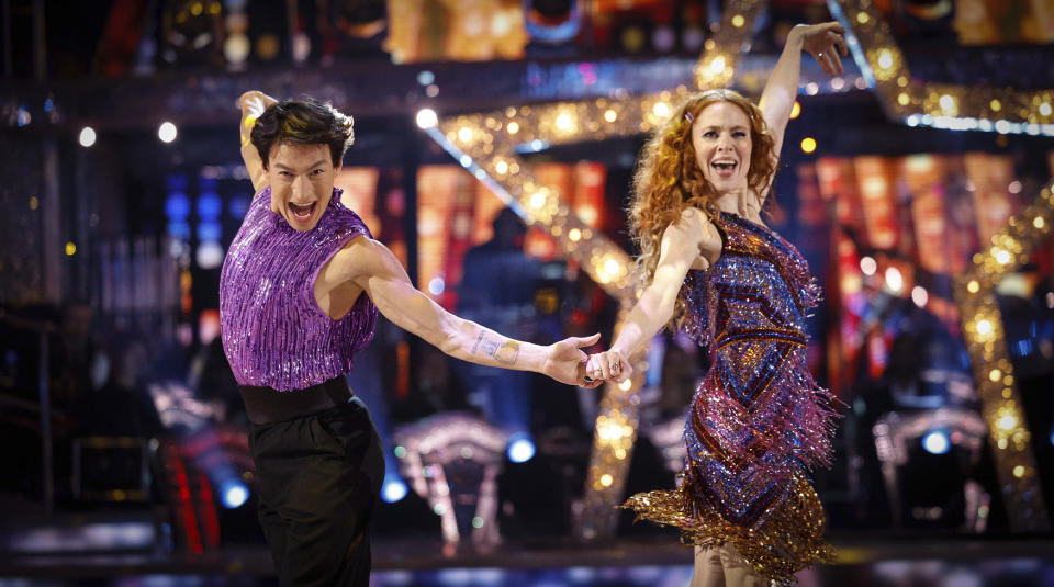 Strictly Come Dancing's Carlos Gu and Angela Scanlon dancing on the BBC show