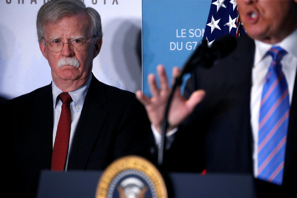 <p>National Security Advisor John Bolton watches as President Donald Trump gives a news briefing at the G7 Summit in the Charlevoix city of La Malbaie, Quebec, Canada, June 9, 2018. (Photo: Leah Millis/Reuters) </p>