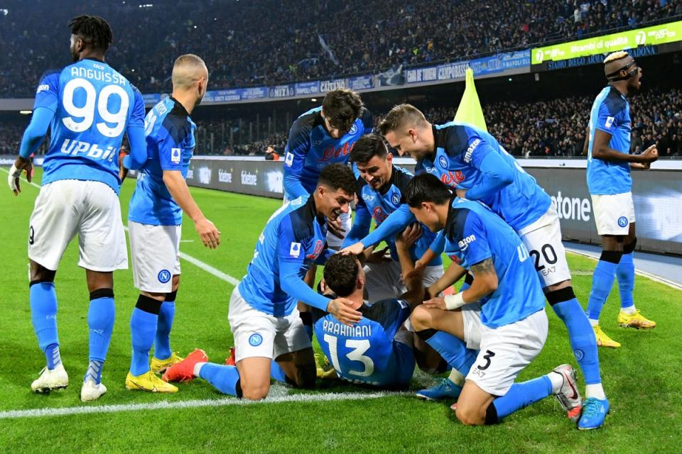 Napoli’s Kosovan defender Amir Rrahmani celebrates with teammates (Getty Images)